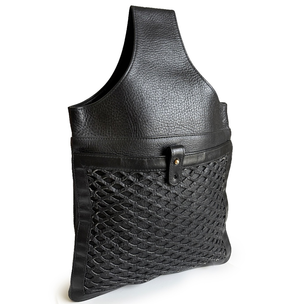 Bonnie Cashin for Meyers Sling Bag Black Leather Lattice Pocket Rare 70s Vintage